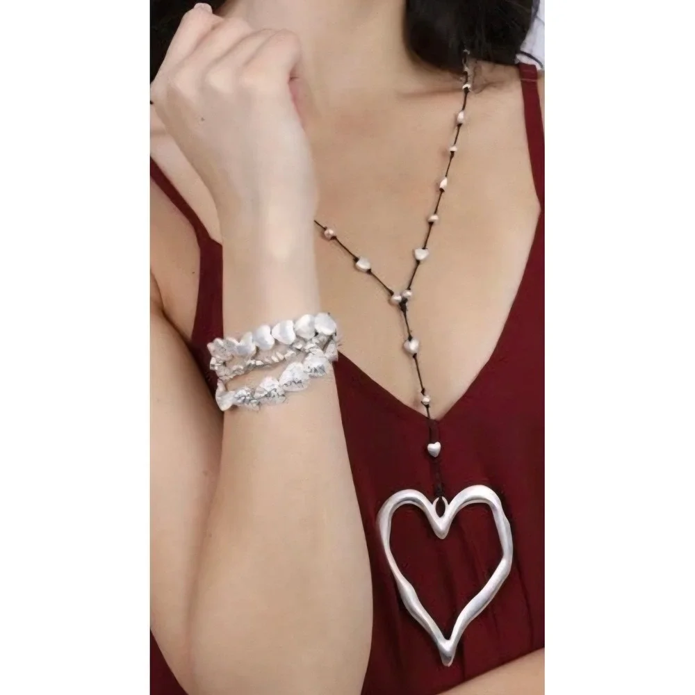 Oversized Hammered Open Heart Pendant Long Black Cord Necklace Silver Tone 17